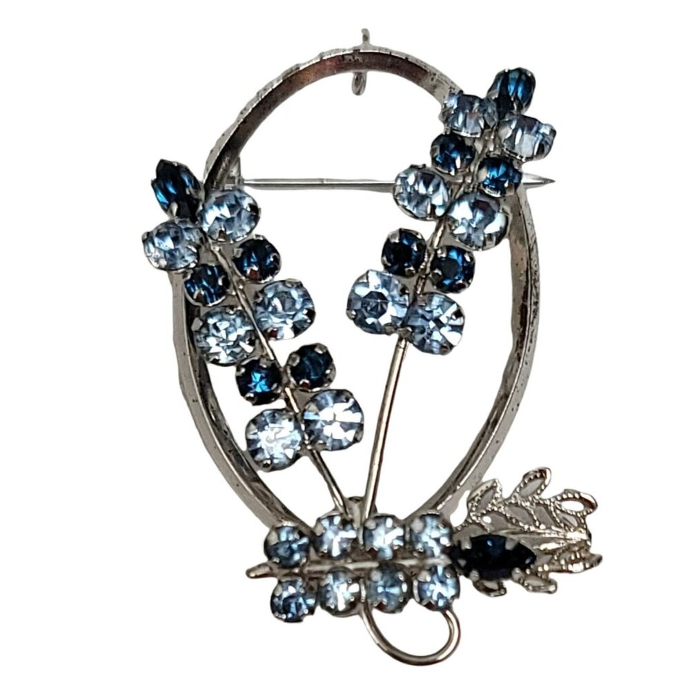 STAR-ART Sterling Silver Oval Open Blue Rhinestone Pendant Brooch, Signed